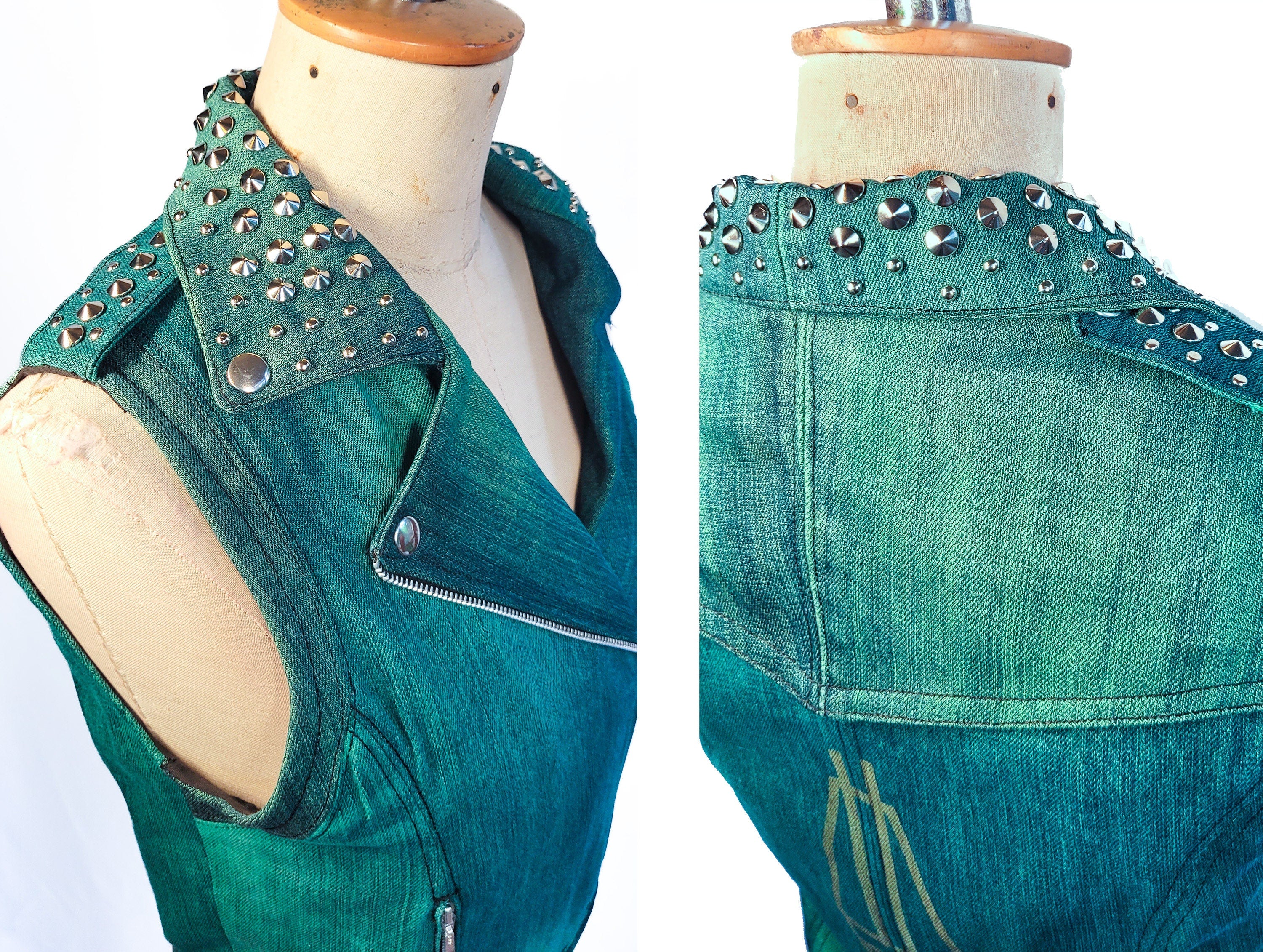 Studded n Dyed denim biker vest |  Custom vanity print to your request