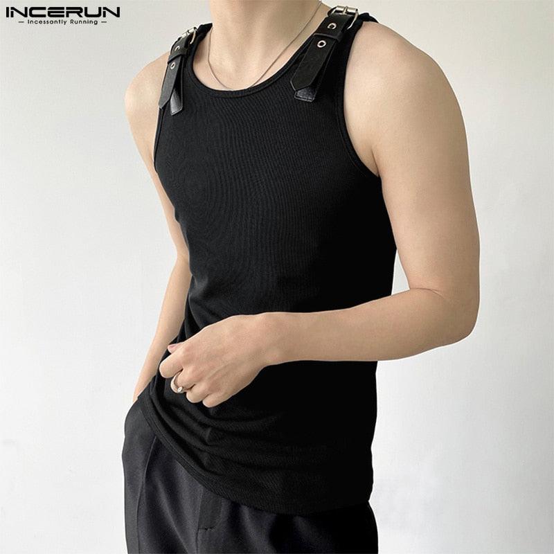 Upgrade Your Style with Leather Shoulder Waistcoat Fashion Casual Male Tank Top