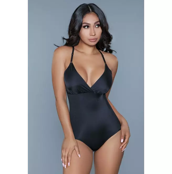 Women's Black Shapewear Bodysuit With Adjustable Straps and Snap Button Closure