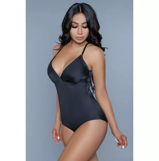 Women's Black Shapewear Bodysuit With Adjustable Straps and Snap Button Closure