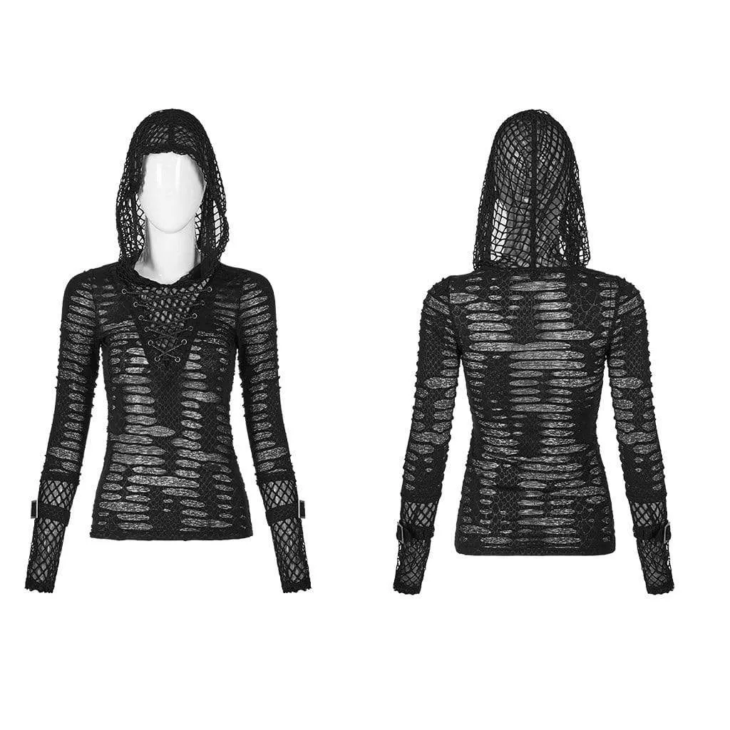 Women's Gothic Net Ripped Mesh Strappy Hoodies